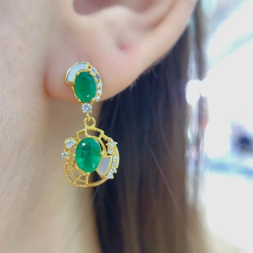 Natural emerald dangle&drop Earrings /Sterling 925Silver Gold-Plated emerald dangles/Customize gift box/May birthstone gift/anniversary gift - Image 2