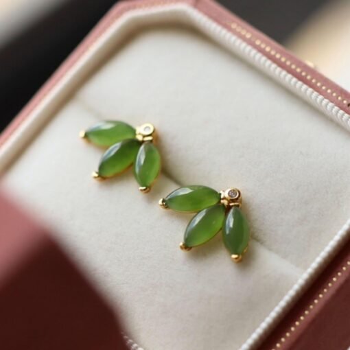 Natural green jade Stud Earrings /Sterling 925Silver 18K Gold-Plated jade Studs/Customize gift box/genuine jade earrings/anniversary gift - Image 5