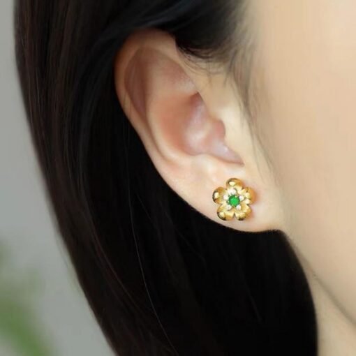 Natural green jade Stud Earrings /Sterling 925Silver 18K Gold-Plated jadeite Studs/Customize gift box/anniversary gift/raw jadeite earrings - Image 4