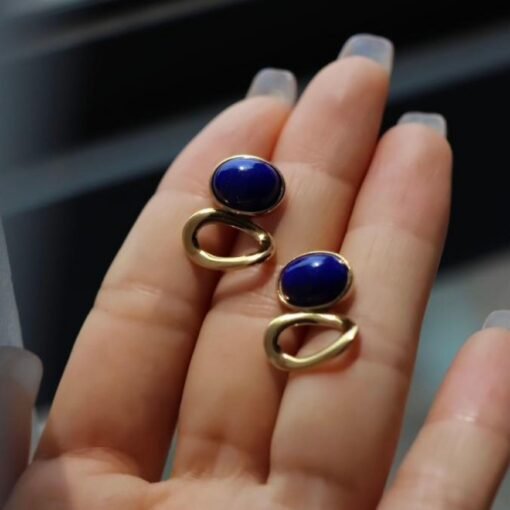 Natural Lapis lazuli Stud Earrings /Sterling 925Silver 18K Gold-Plated Lapis lazuli Studs/Customize gift box/anniversary gift/unique gift - Image 4