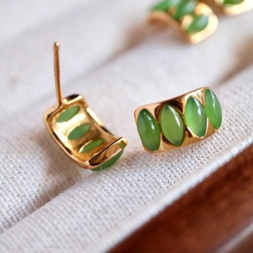 Natural green jade Stud Earrings /Sterling 925Silver 18K Gold-Plated jade Studs/Customize gift box/genuine jade earrings/anniversary gift - Image 5