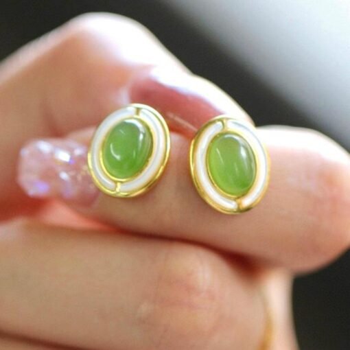 Natural green jade Stud Earrings /Sterling 925Silver 18K Gold-Plated jade Studs with Mother of Pearl/Customize gift box/anniversary gift - Image 5