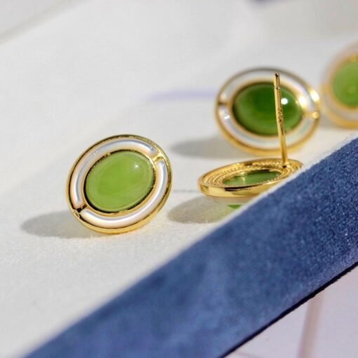 Natural green jade Stud Earrings /Sterling 925Silver 18K Gold-Plated jade Studs with Mother of Pearl/Customize gift box/anniversary gift - Image 2