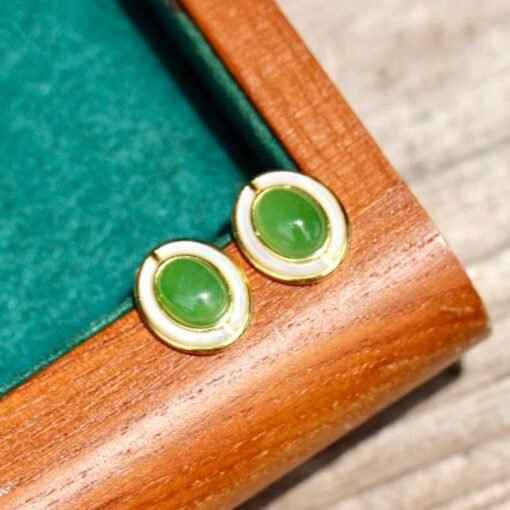 Natural green jade Stud Earrings /Sterling 925Silver 18K Gold-Plated jade Studs with Mother of Pearl/Customize gift box/anniversary gift - Image 4