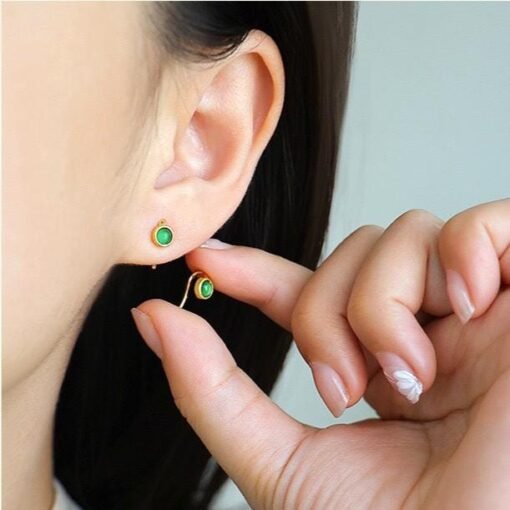 Natural green jadeite Stud Earrings /Sterling 925Silver 18K Gold-Plated jade Studs/Customize gift box/genuine jade earrings/anniversary gift - Image 2