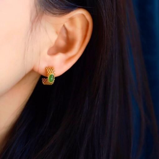 Natural green jade Stud Earrings /Sterling 925-Silver 18K Gold-Plated jade Studs/Customize gift box/genuine jade earrings/anniversary gift - Image 2