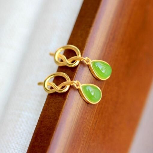 Natural green jade Earrings /Sterling 925 Silver 18KGold-Plated jade drop & dangle earrings/Customize gift box/genuine jade/anniversary gift - Image 2