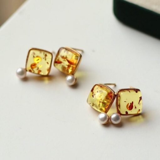 Natural pearl Stud Earrings /Sterling 925 Silver 18K Gold-Plated pearl Studs with Floral amber/Customize gift box/June birthstone gift - Image 4