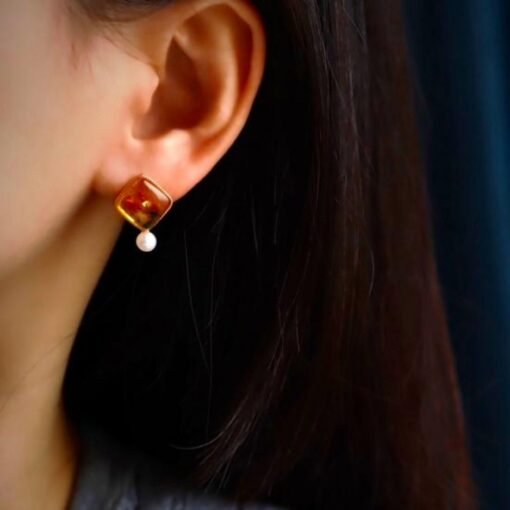 Natural pearl Stud Earrings /Sterling 925 Silver 18K Gold-Plated pearl Studs with Floral amber/Customize gift box/June birthstone gift - Image 2