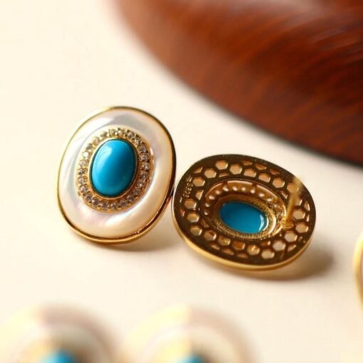 Natural turquoise Stud Earrings/Sterling 925 Silver Gold-Plated turquoise Studs with Mother of Pearl/Customize gift box/December birthstone - Image 4