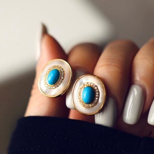 Natural turquoise Stud Earrings/Sterling 925 Silver Gold-Plated turquoise Studs with Mother of Pearl/Customize gift box/December birthstone - Image 5