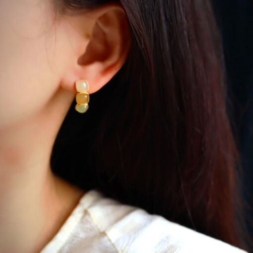 Natural jade Stud Earrings /Sterling 925-Silver 18K Gold-Plated rainbow jade Studs/Customize gift box/genuine jade earrings/anniversary gift - Image 2