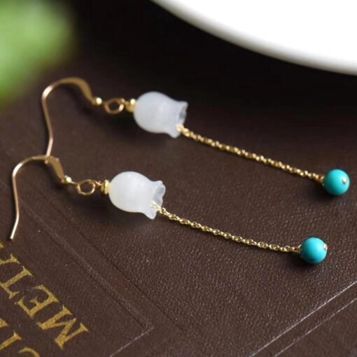 Natural jade dangle & drop Earrings/Sterling 925Silver 18KGold-Plated jade earrings/Customize gift box/lily of the valley earrings turquoise - Image 3