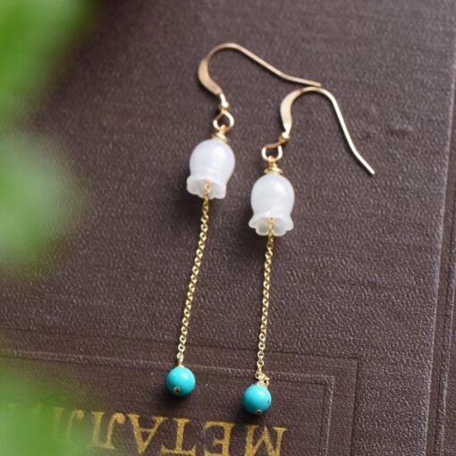 Natural jade dangle & drop Earrings/Sterling 925Silver 18KGold-Plated jade earrings/Customize gift box/lily of the valley earrings turquoise - Image 5