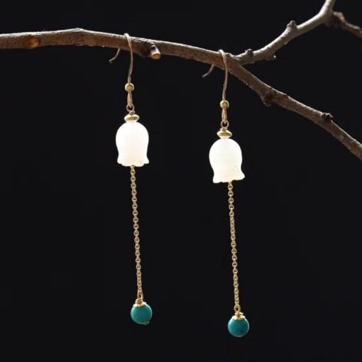 Natural jade dangle & drop Earrings/Sterling 925Silver 18KGold-Plated jade earrings/Customize gift box/lily of the valley earrings turquoise - Image 4