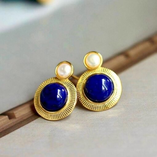 Natural Lapis lazuli Stud Earrings/Sterling 925 Silver 18k Gold-Plated Lapis lazuli Studs with pearl/Customize gift box/anniversary gift - Image 3