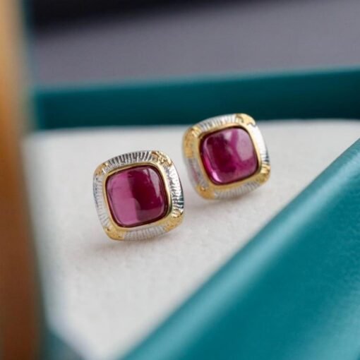Natural spessartine garnet Stud Earrings /Sterling 925Silver 18K Gold-Plated garnet Studs/Customize gift box/January birthstone gift/retro - Image 3