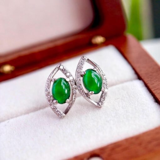 Natural jadeite Stud Earrings /Sterling 925-Silver 18KGold-Plated marquise green jade Studs/Customize gift box/jade silver/anniversary gift - Image 4