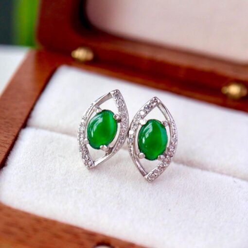 Natural jadeite Stud Earrings /Sterling 925-Silver 18KGold-Plated marquise green jade Studs/Customize gift box/jade silver/anniversary gift - Image 5