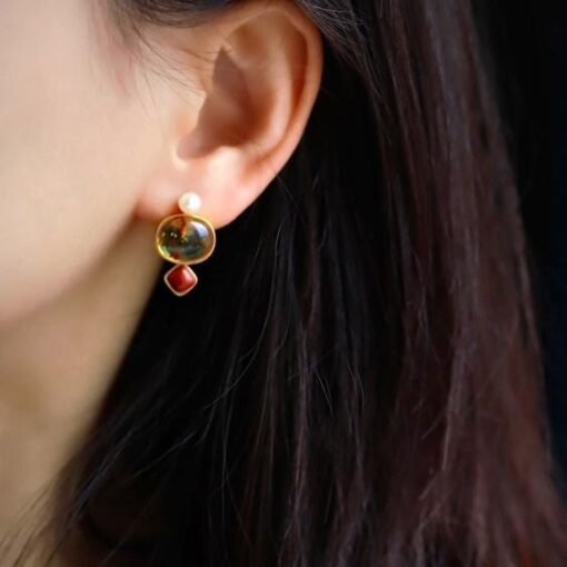 Natural Floral amber Stud Earrings /Sterling 925 Silver 18K Gold-Plated Floral amber Studs with pearl&Southern Red Agate/Customize gift box - Image 2