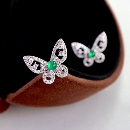Natural jadeite Stud Earrings /Sterling 925-Silver Gold-Plated round green jade Studs/Customize gift box/butterfly earrings/anniversary gift - Image 3
