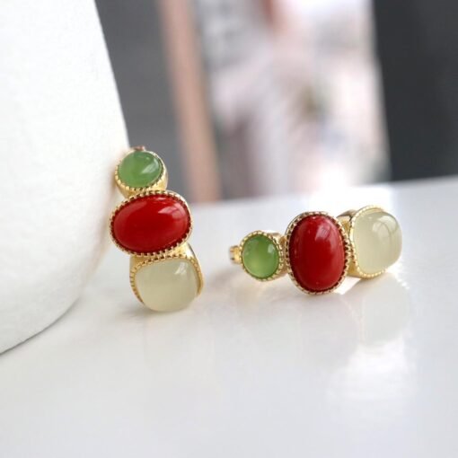 Natural Southern Red Agate Earrings /Sterling 925 Silver 18K Gold-Plated agate Studs with Nephrite/Customize gift box/retro court - Image 3