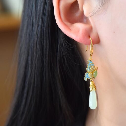 Natural Nephrite dangle & drop Earrings /Sterling 925-Silver enamel jade earrings/Customize gift box/butterfly earrings/anniversary gift - Image 2