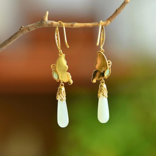 Natural Nephrite dangle & drop Earrings /Sterling 925-Silver enamel jade earrings/Customize gift box/butterfly earrings/anniversary gift - Image 4