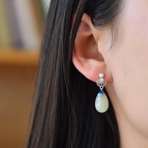 Natural Nephrite dangle&drop Earrings /Sterling 925-Silver enamel white Nephrite earrings/Customize gift box/Retro earrings/anniversary gift - Image 2