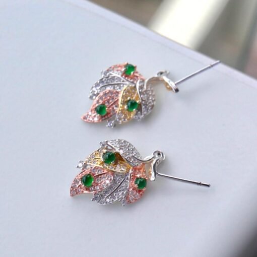 Natural green jadeite Earrings/Sterling 925Silver Gold-Plated jade drop & dangle earrings/Customize gift box/leaf earrings/anniversary gift - Image 4