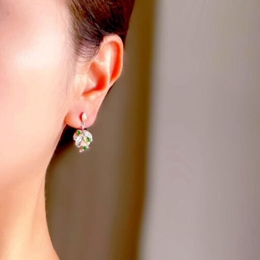 Natural green jadeite Earrings/Sterling 925Silver Gold-Plated jade drop & dangle earrings/Customize gift box/leaf earrings/anniversary gift - Image 2
