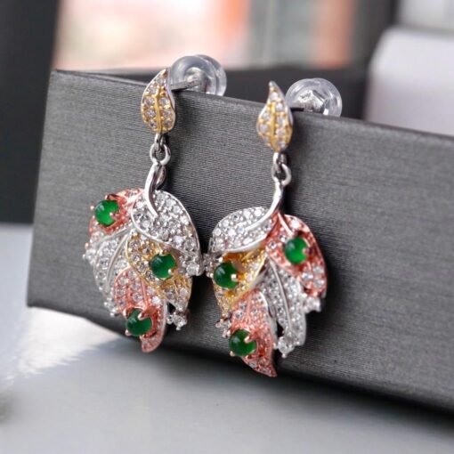 Natural green jadeite Earrings/Sterling 925Silver Gold-Plated jade drop & dangle earrings/Customize gift box/leaf earrings/anniversary gift - Image 3