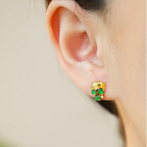 Natural jadeite Stud Earrings /Sterling 925-Silver 18KGold-Plated green jade Studs/Customize gift box/anniversary gift/dainty grape earrings - Image 4
