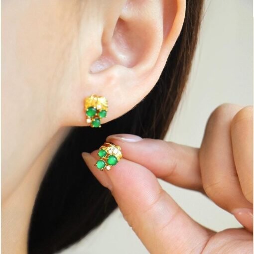 Natural jadeite Stud Earrings /Sterling 925-Silver 18KGold-Plated green jade Studs/Customize gift box/anniversary gift/dainty grape earrings - Image 2