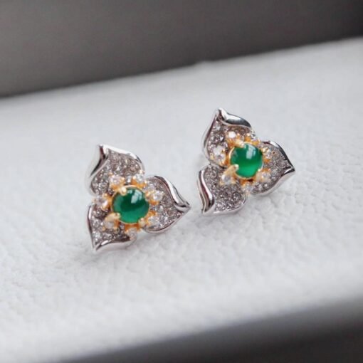 Natural jadeite Stud Earrings /Sterling 925Silver 18KGold-Plated green jade Studs/Customize gift box/anniversary gift/flower-shaped earrings - Image 3