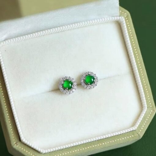 Natural jadeite Stud Earrings /Sterling 925-Silver 18KGold-Plated round green jade Studs/Customize gift box/anniversary gift/dainty earrings - Image 5