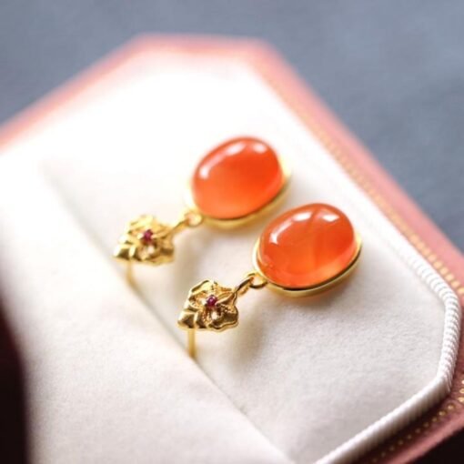 Natural Southern Red Agate Stud Earrings /Sterling 925 Silver 18K Gold-Plated agate Studs/Customize gift box/retro court agate earrings - Image 3