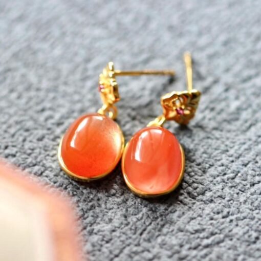 Natural Southern Red Agate Stud Earrings /Sterling 925 Silver 18K Gold-Plated agate Studs/Customize gift box/retro court agate earrings - Image 4