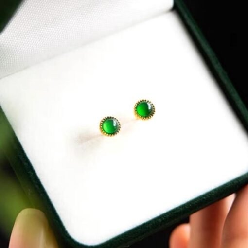 Natural jadeite Stud Earrings /Sterling 925-Silver 18KGold-Plated round green jade Studs/Customize gift box/anniversary gift/minimalist - Image 5
