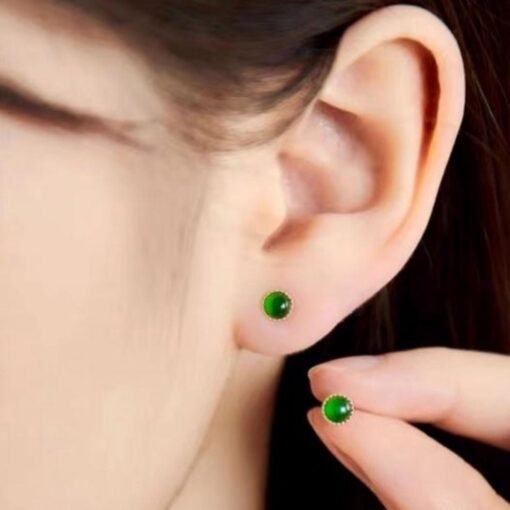 Natural jadeite Stud Earrings /Sterling 925-Silver 18KGold-Plated round green jade Studs/Customize gift box/anniversary gift/minimalist - Image 2