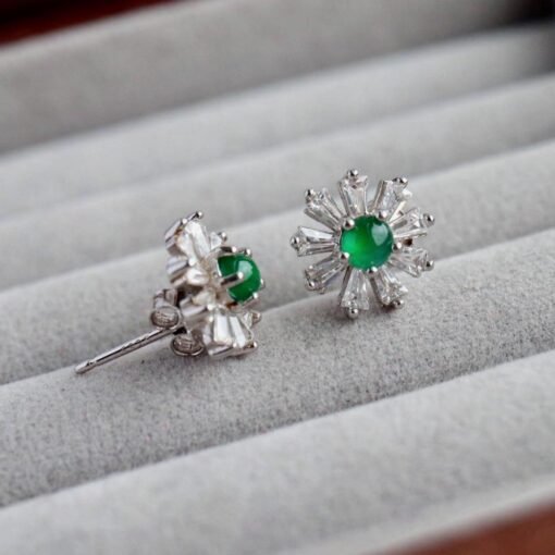 Natural jadeite Stud Earrings /Sterling 925Silver 18KGold-Plated green jade Studs/Customize gift box/anniversary gift/snowflake earrings - Image 3