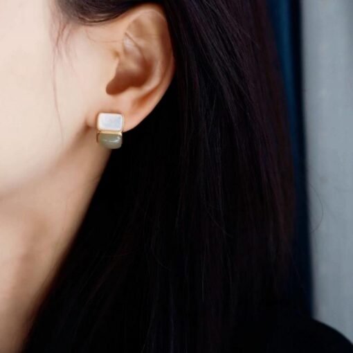 Natural Nephrite Earrings/Sterling 925Silver 18KGold-Plated Nephrite earrings with white mother-of-pearl/Customize gift box/anniversary gift - Image 2