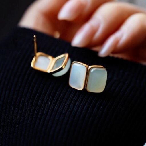 Natural Nephrite Earrings/Sterling 925Silver 18KGold-Plated Nephrite earrings with white mother-of-pearl/Customize gift box/anniversary gift - Image 5