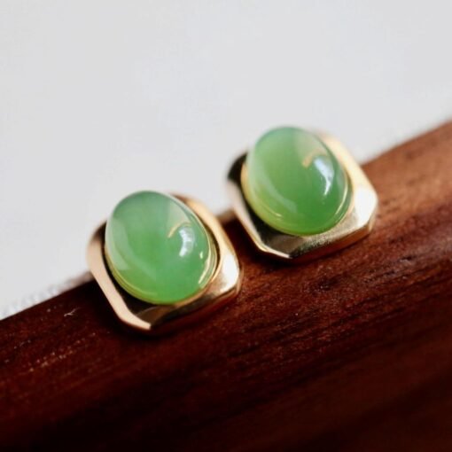 Natural green jade Stud Earrings /Sterling 925-Silver 18KGold-Plated green Nephrite Studs/Customize gift box/anniversary gift/minimalist - Image 3