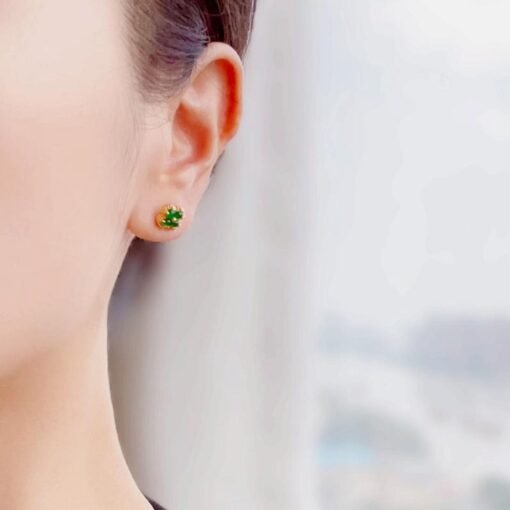 Natural jadeite Stud Earrings /Sterling 925Silver Gold-Plated green jade Studs/Customize gift box/anniversary gift/four-leaf clover earrings - Image 2