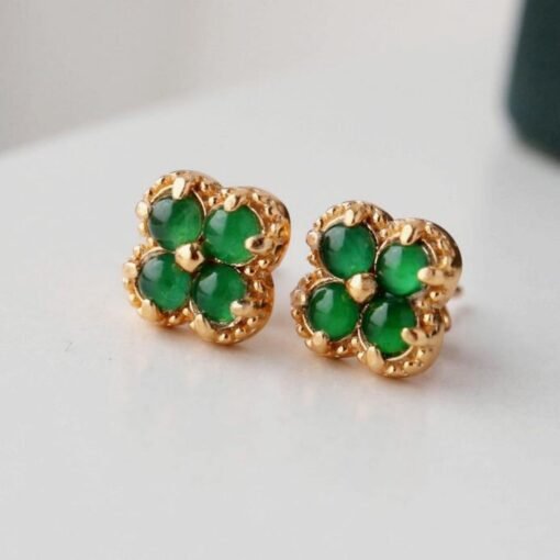 Natural jadeite Stud Earrings /Sterling 925Silver Gold-Plated green jade Studs/Customize gift box/anniversary gift/four-leaf clover earrings - Image 3