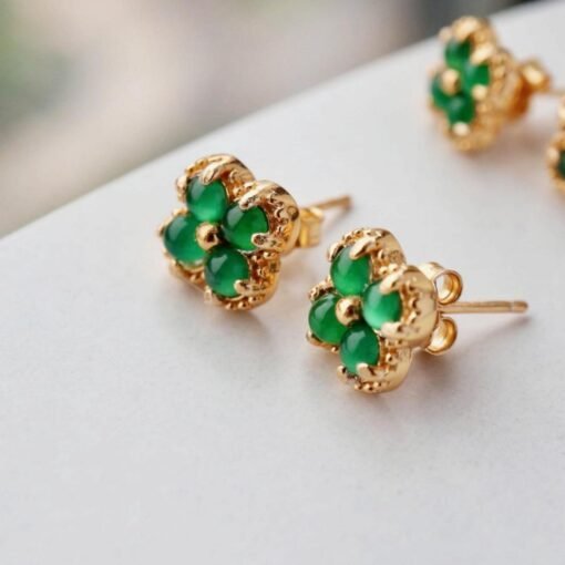 Natural jadeite Stud Earrings /Sterling 925Silver Gold-Plated green jade Studs/Customize gift box/anniversary gift/four-leaf clover earrings - Image 5