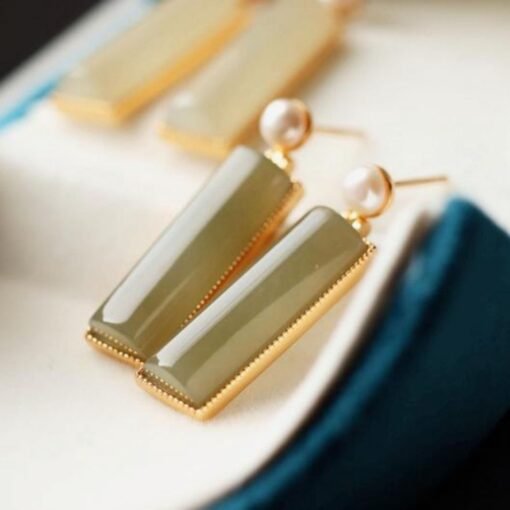 Natural Nephrite Earrings/Sterling 925Silver 18KGold-Plated Nephrite earrings with pearl/Customize gift box/anniversary gift/dainty earrings - Image 5