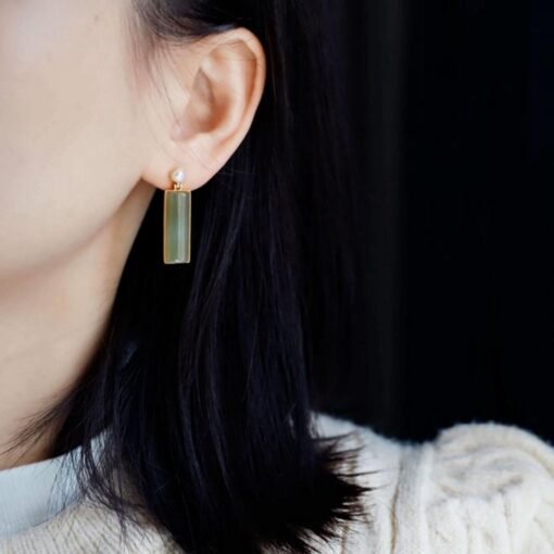 Natural Nephrite Earrings/Sterling 925Silver 18KGold-Plated Nephrite earrings with pearl/Customize gift box/anniversary gift/dainty earrings - Image 2