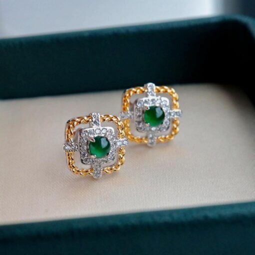 Natural jadeite Stud Earrings /Sterling 925Silver 18k Gold-Plated green jade Studs/Customize gift box/anniversary gift/Dainty retro earrings - Image 2